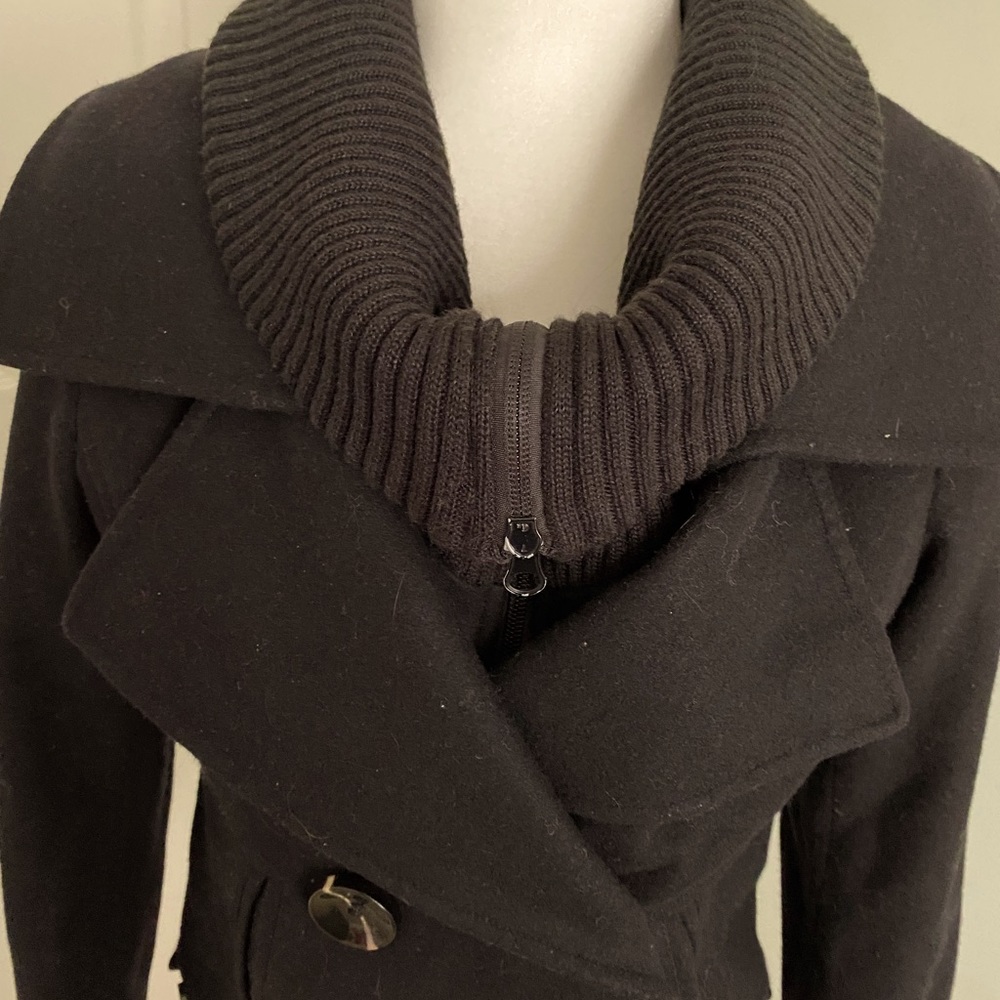 Black hip length peacoat with zip knit cowl